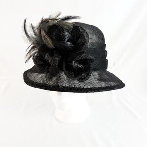 August Hats Feather Flower Cloche Hat, Black, OS NWT